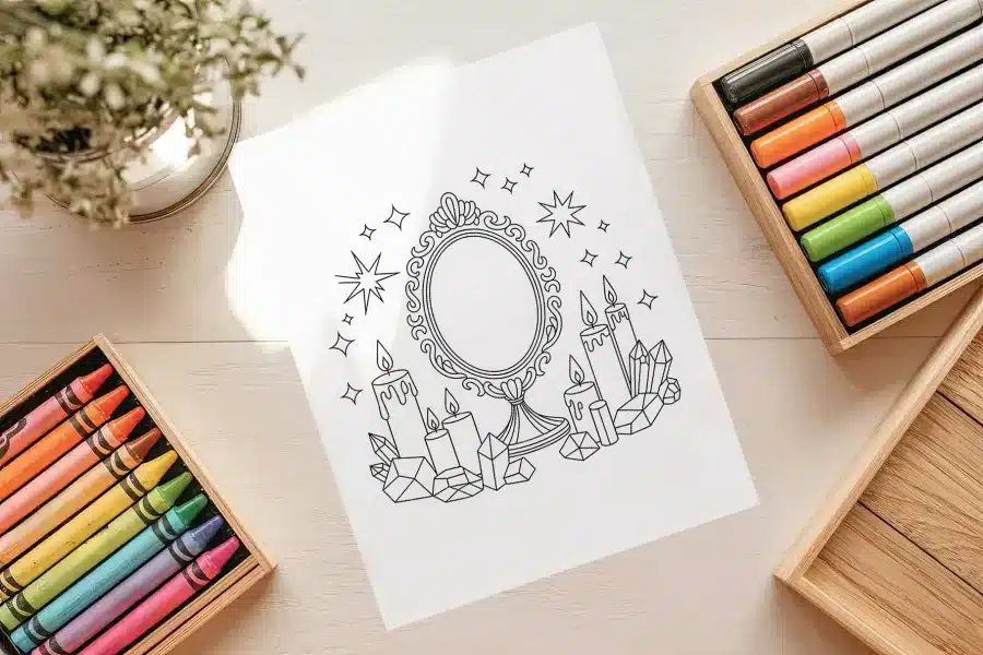 Crystal Candles Mirror Coloring Page - free printable aesthetic adult coloring sheet with mirror, candles, and crystals