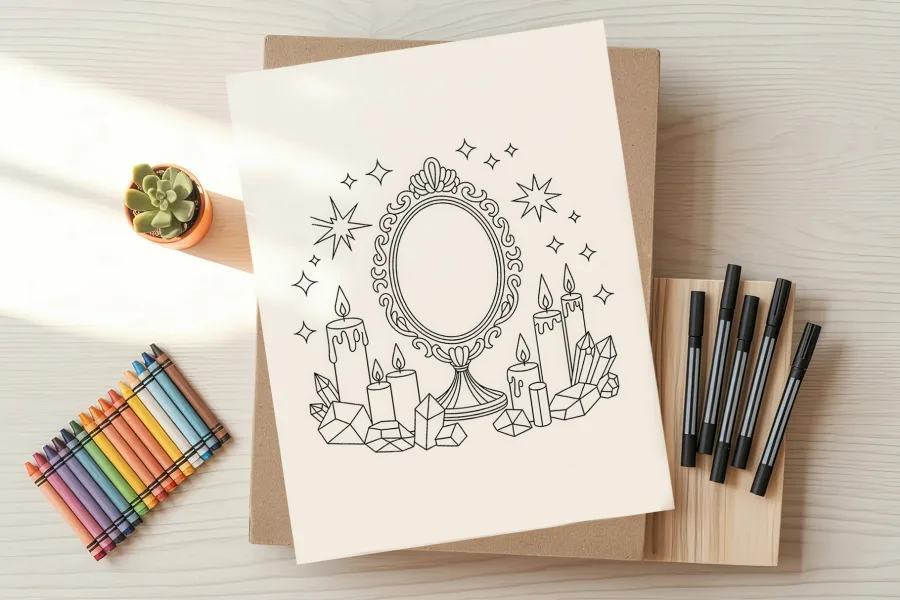 Coloring page illustration of an ornate mirror surrounded by candles and crystals.