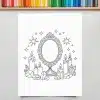 Line Drawing Of An Ornate Mirror Surrounded By Candles And Crystals.