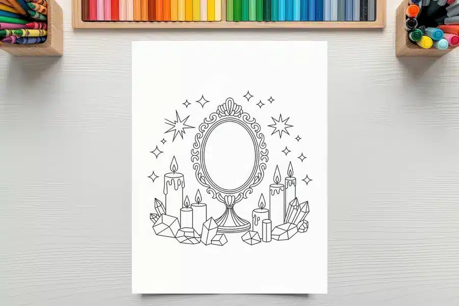 Line Drawing Of An Ornate Mirror Surrounded By Candles And Crystals.