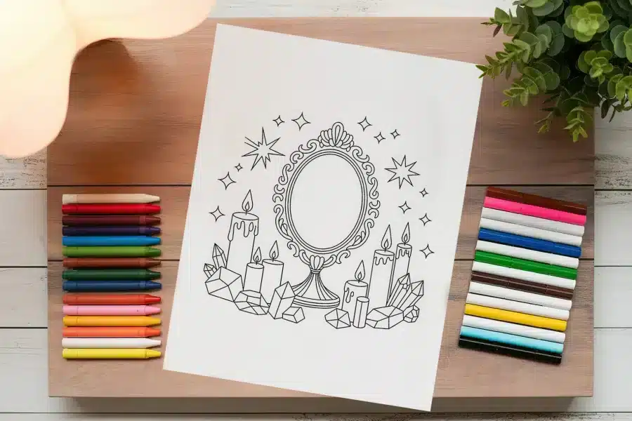 Coloring Page Depicting An Ornate Mirror Surrounded By Candles And Crystals.