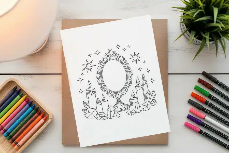A Coloring Page Depicting An Ornate Mirror Surrounded By Candles And Crystals.