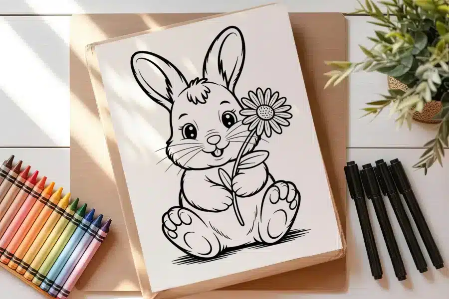 A Coloring Page Featuring A Cute Bunny Holding A Flower.