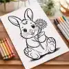 A Coloring Page Featuring A Cute Bunny Holding A Flower.