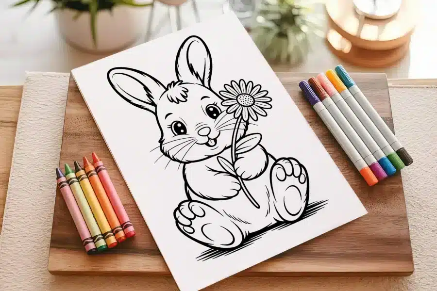 A Coloring Page Featuring A Cute Bunny Holding A Flower.