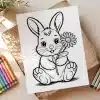 Line Drawing Of A Bunny Holding A Flower.