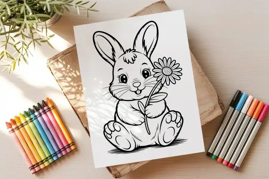 Line Drawing Of A Bunny Holding A Flower.