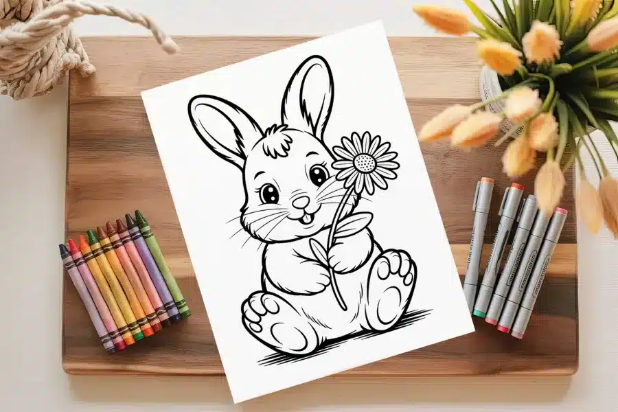 A Coloring Page Featuring A Cute Bunny Rabbit Holding A Flower.