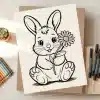 Line Drawing Of A Bunny Holding A Flower.