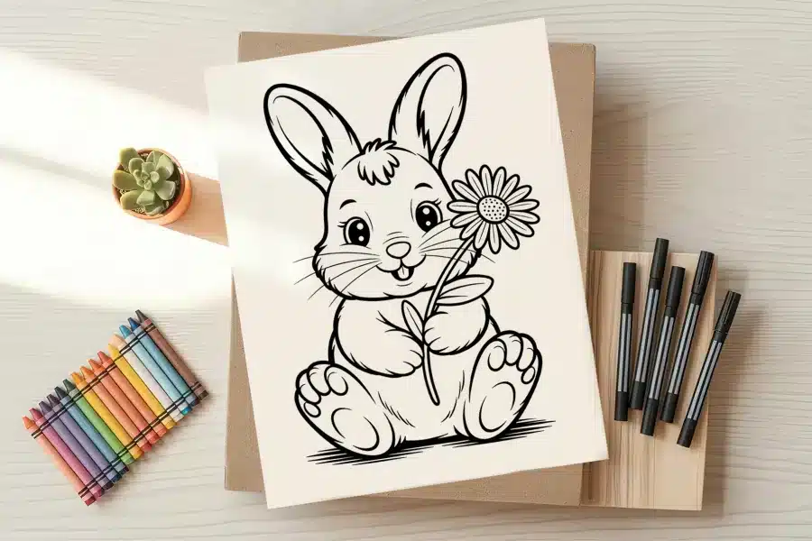 Line drawing of a bunny holding a flower.