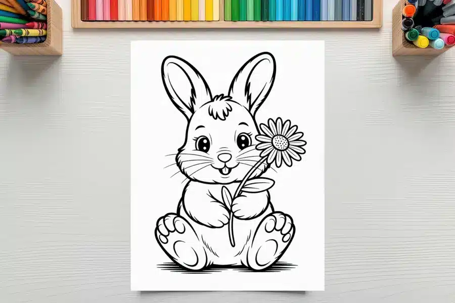 A Coloring Page Featuring A Cute Bunny Rabbit Holding A Flower.