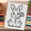 Line Drawing Of A Rabbit Holding A Flower.