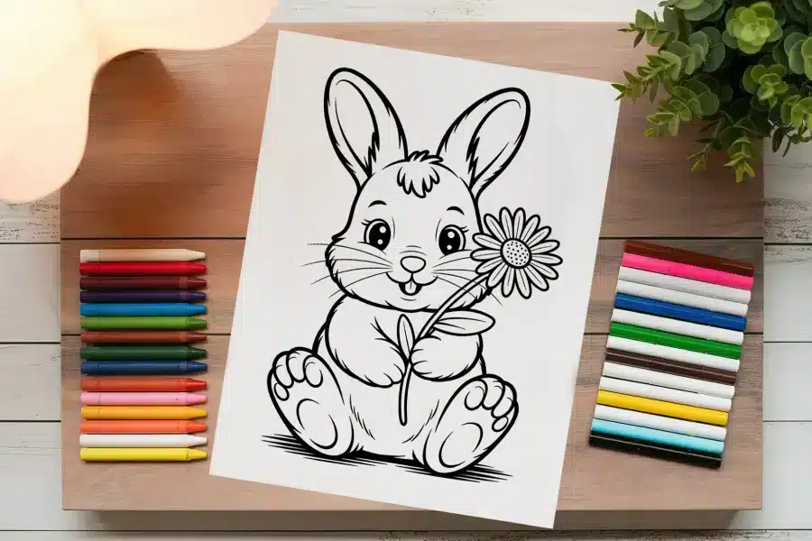 Line Drawing Of A Rabbit Holding A Flower.