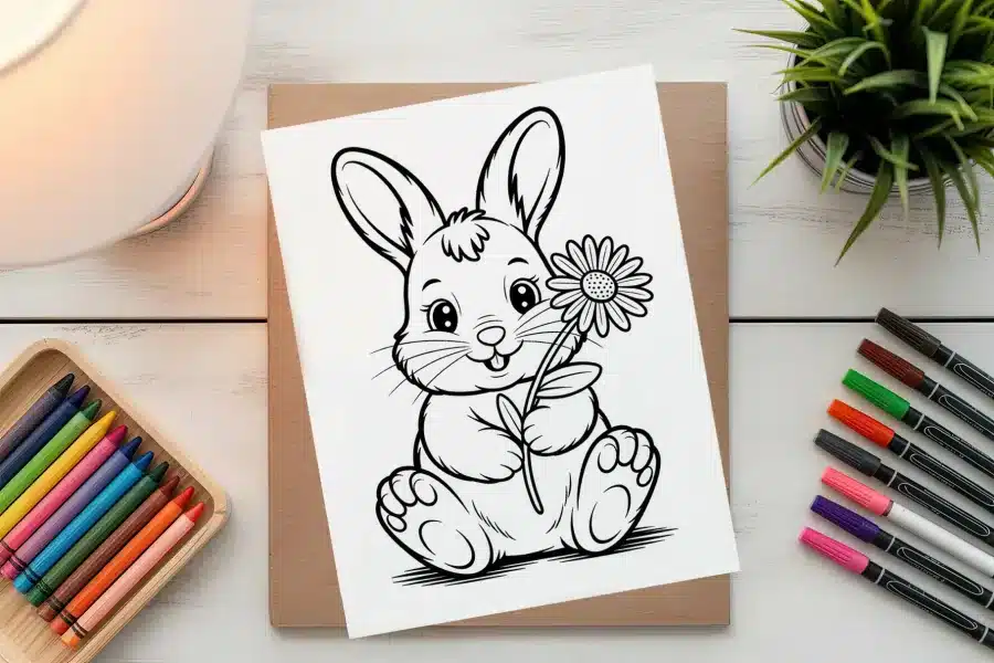 A Coloring Page Featuring A Cute Bunny Holding A Flower.