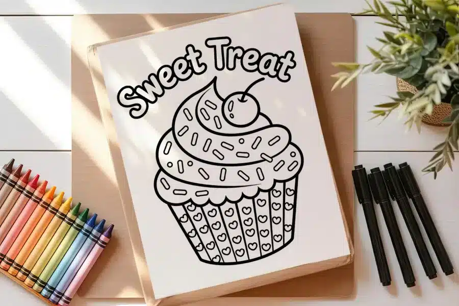 Coloring Page Featuring A Cupcake With Sprinkles And A Cherry On Top.