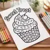 Coloring Page Featuring A Cupcake With Sprinkles And A Cherry On Top.