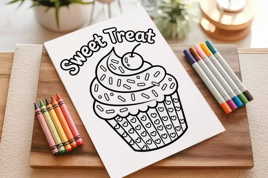 Coloring Page Featuring A Cupcake With Sprinkles And A Cherry On Top.