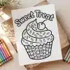 A Coloring Page Featuring A Cupcake With Sprinkles And A Cherry On Top.  The Words Sweet Treat Are Above The Cupcake.