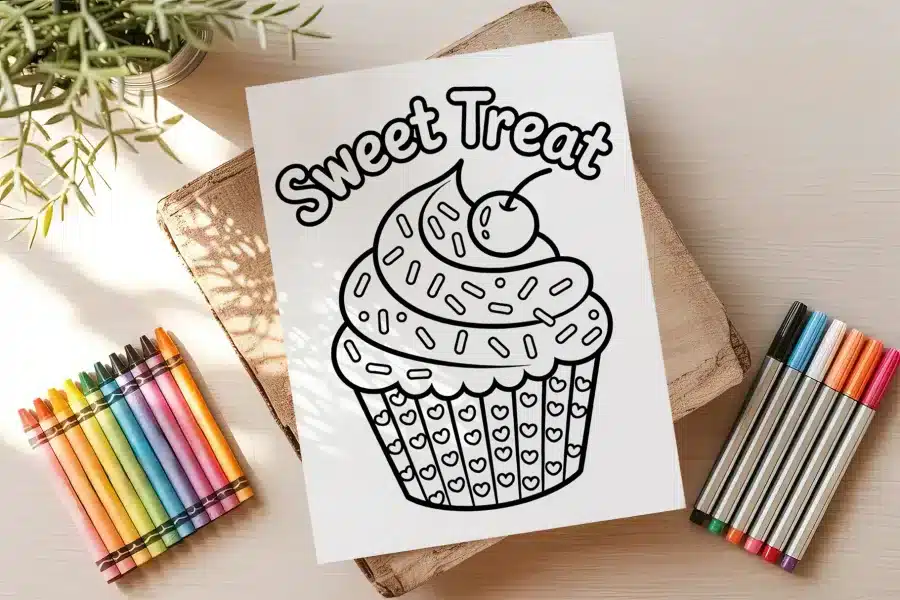 A Coloring Page Featuring A Cupcake With Sprinkles And A Cherry On Top.  The Words Sweet Treat Are Above The Cupcake.