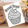A Coloring Page Featuring A Cupcake With Sprinkles And A Cherry On Top.  The Words Sweet Treat Are Above The Cupcake.