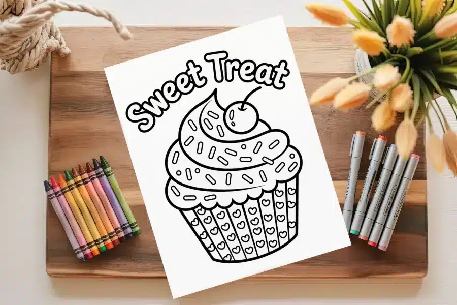 A Coloring Page Featuring A Cupcake With Sprinkles And A Cherry On Top.  The Words Sweet Treat Are Above The Cupcake.