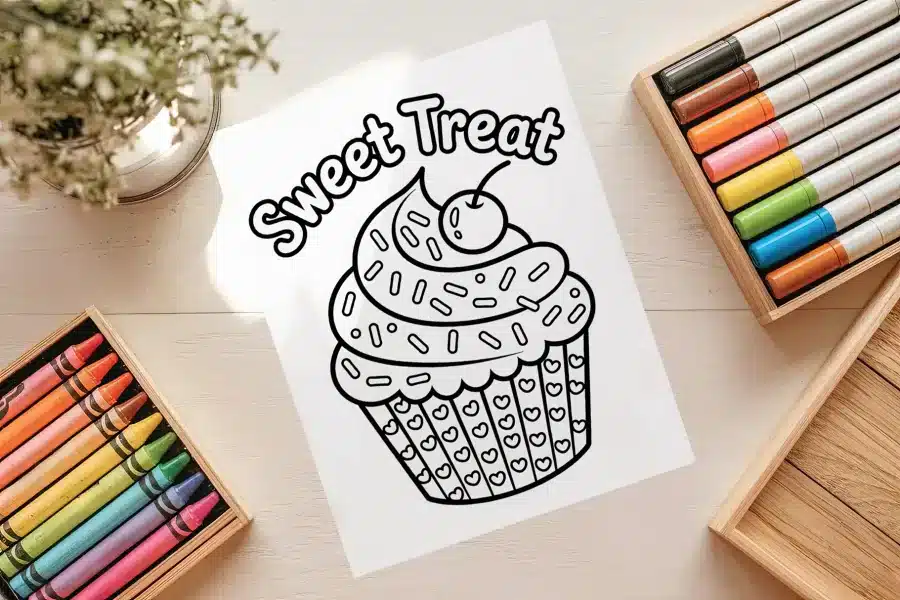 Cute Cupcake Sweet Treat Coloring Page - free printable aesthetic coloring sheet of a cupcake with cherry and sprinkles