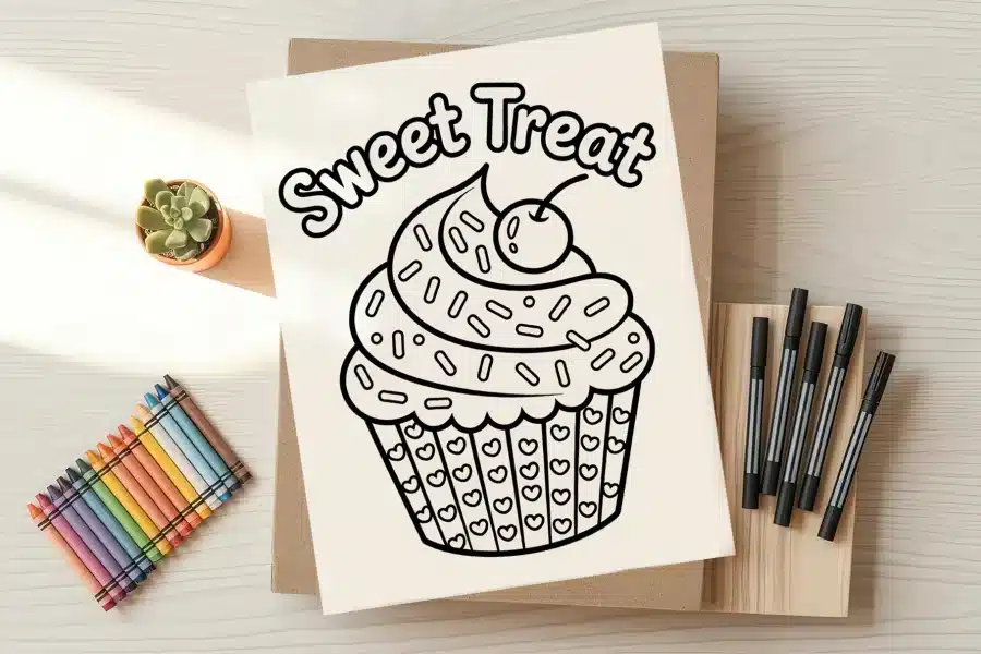 A coloring page featuring a cupcake with sprinkles and a cherry on top.  The words Sweet Treat are above the cupcake.