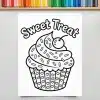 A Coloring Page Featuring A Cupcake With Frosting, Sprinkles, And A Cherry On Top.  The Words Sweet Treat Are Above It.