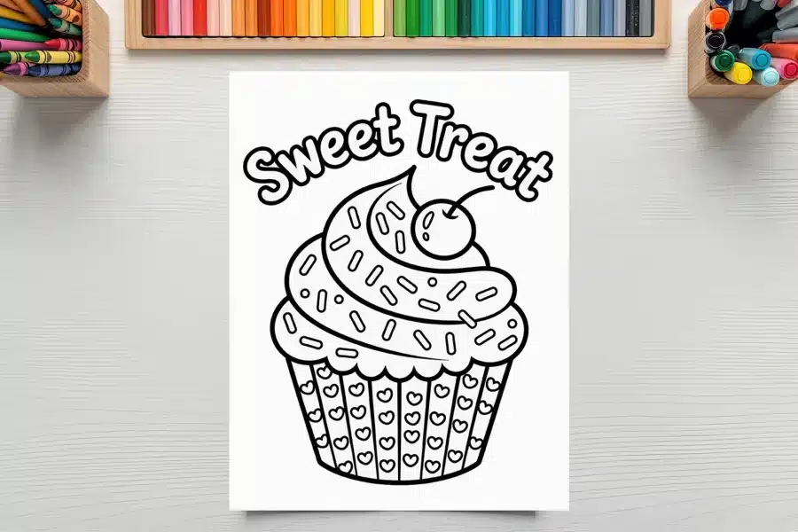 A Coloring Page Featuring A Cupcake With Frosting, Sprinkles, And A Cherry On Top.  The Words Sweet Treat Are Above It.