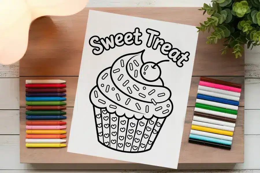 A Coloring Page Featuring A Cupcake With Frosting, Sprinkles, And A Cherry On Top.