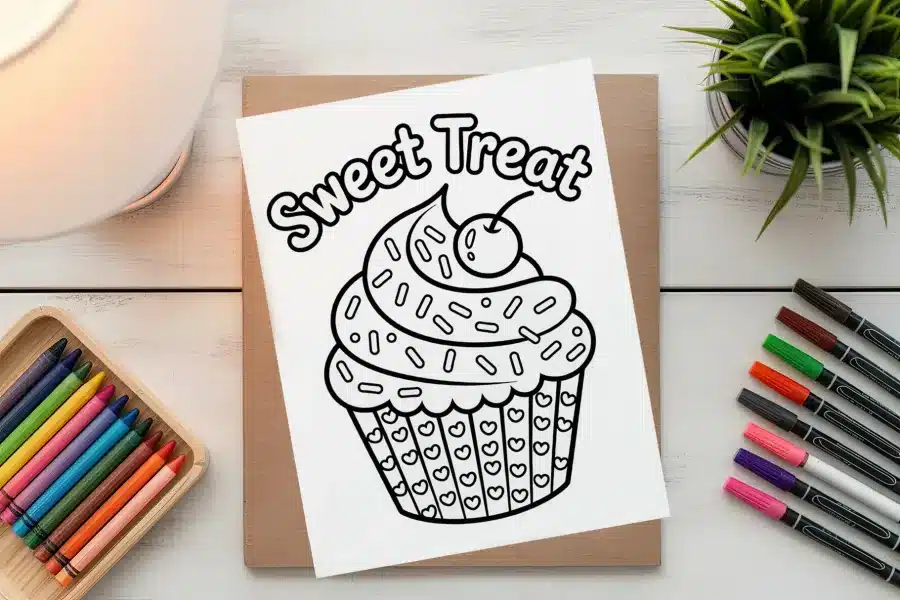Coloring Page Of A Cupcake With Sprinkles And A Cherry On Top.