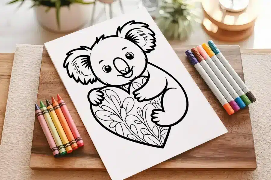 Line Drawing Of A Koala Hugging A Heart-Shaped Design.