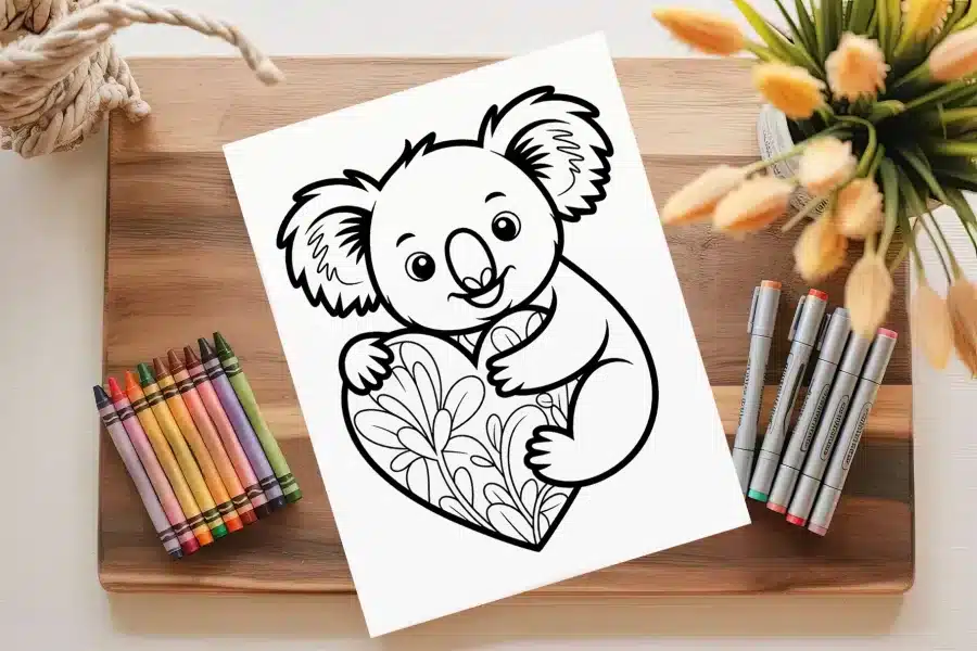 A Coloring Page Featuring A Koala Hugging A Decorative Heart.