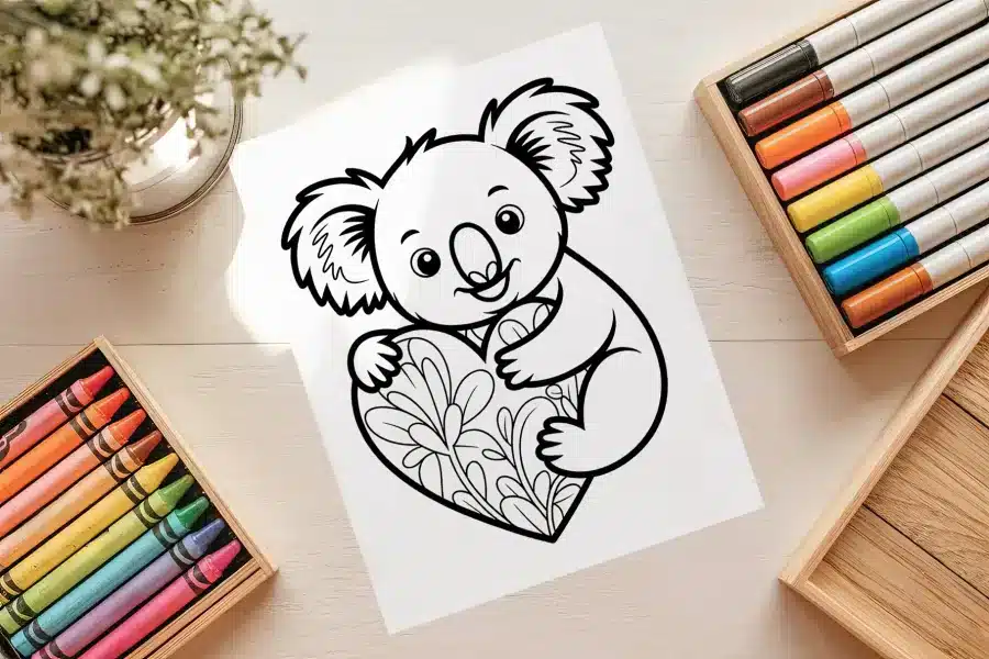 Cute Koala Floral Heart Coloring Page - free printable aesthetic coloring sheet of a koala hugging a floral heart