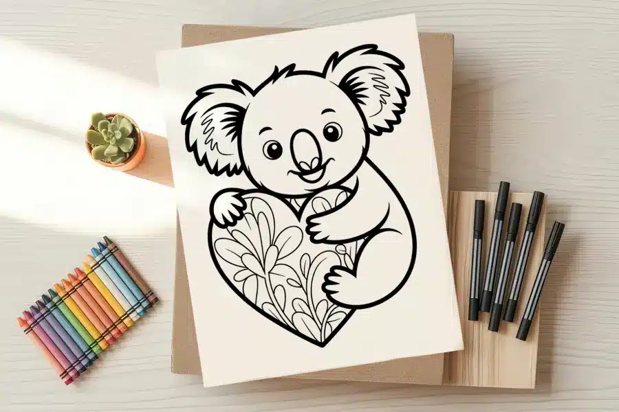 Line drawing of a koala hugging a decorative heart.