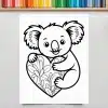 Line Drawing Of A Koala Hugging A Decorative Heart.