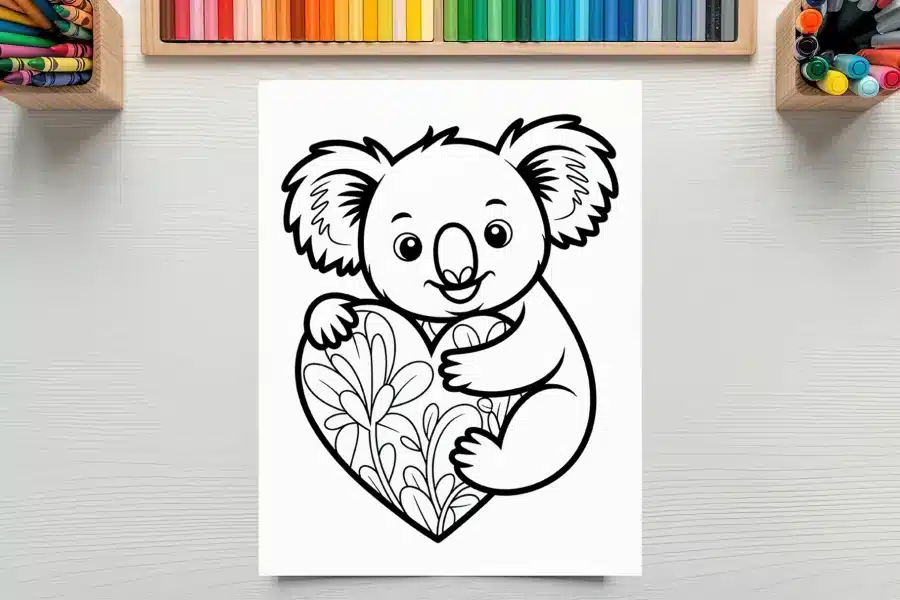 Line Drawing Of A Koala Hugging A Decorative Heart.