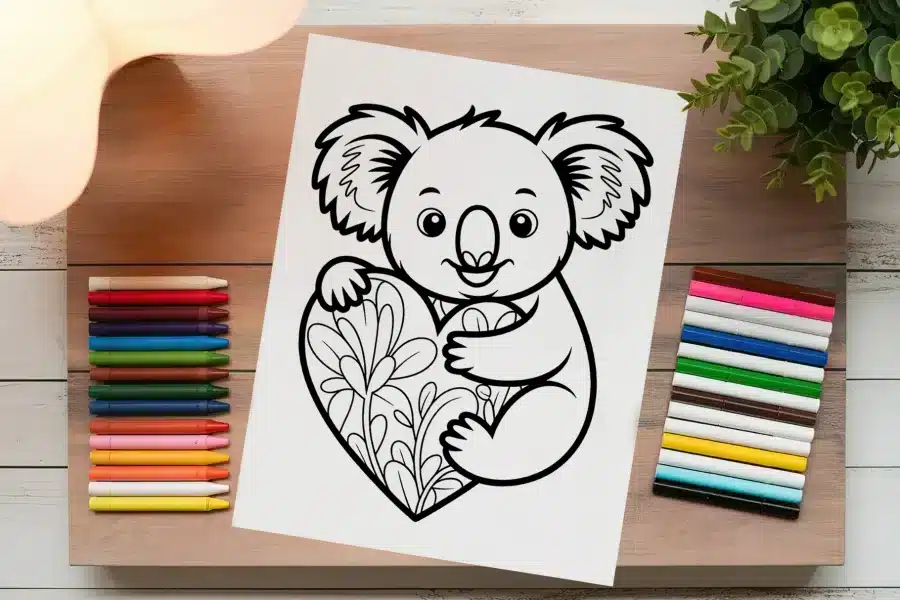 A Coloring Page Featuring A Koala Hugging A Heart-Shaped Design.