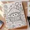 A Coloring Page Featuring A Cute Mushroom House Surrounded By Flowers And Ladybugs.