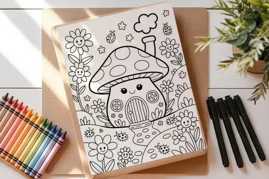 A Coloring Page Featuring A Cute Mushroom House Surrounded By Flowers And Ladybugs.