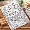 Coloring Page Featuring A Cute Mushroom House Surrounded By Flowers And Ladybugs.