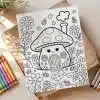 A Coloring Page Featuring A Cute Mushroom House Surrounded By Flowers And Ladybugs.