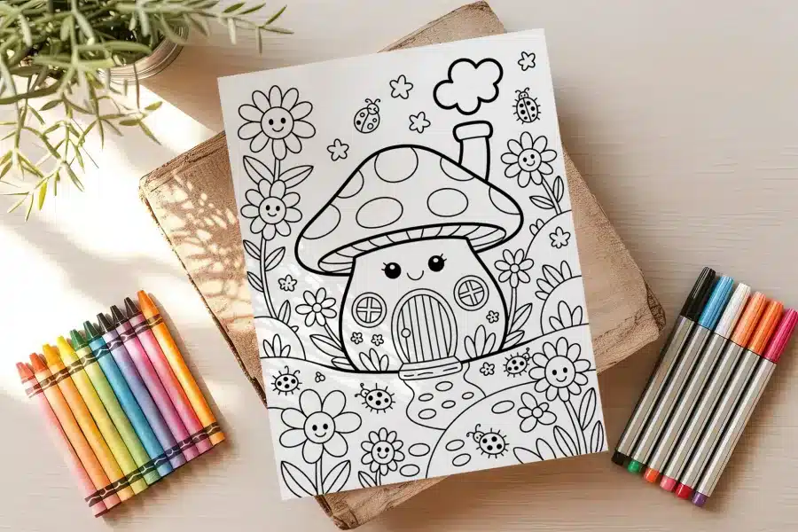 A Coloring Page Featuring A Cute Mushroom House Surrounded By Flowers And Ladybugs.