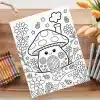 Coloring Page Of A Cute Mushroom House In A Flower Garden With Ladybugs.