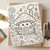 Coloring Page Featuring A Cute Mushroom House In A Flower Garden With Ladybugs.