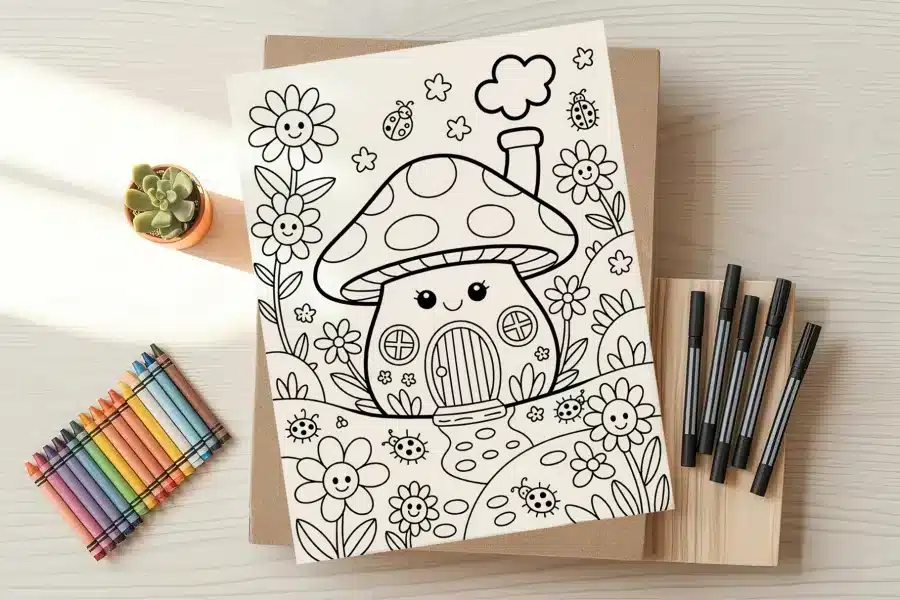 Coloring page featuring a cute mushroom house in a flower garden with ladybugs.
