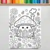 Line Drawing Of A Cute Mushroom House Surrounded By Flowers And Ladybugs.