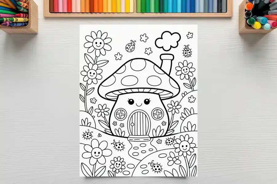 Line Drawing Of A Cute Mushroom House Surrounded By Flowers And Ladybugs.