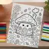 Coloring Page Featuring A Cute Mushroom House Surrounded By Flowers And Ladybugs.