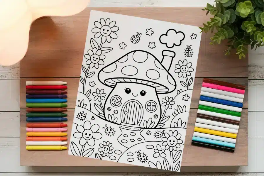 Coloring Page Featuring A Cute Mushroom House Surrounded By Flowers And Ladybugs.